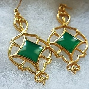 Green and Gold Dangle Chandelier Earrings